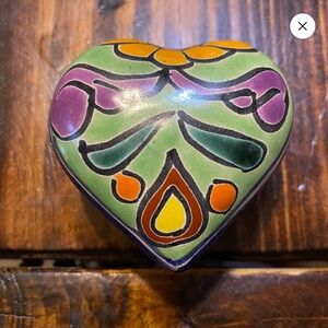 Talavera Signed Mexican Pottery Heart Shape Trinket Box Ceramic